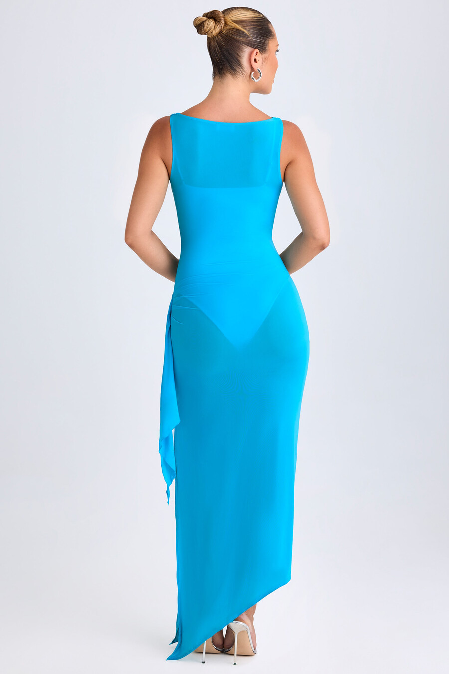 Φόρεμα midaxi με βολάν και λαιμόκοψη σε χρώμα aqua blue
