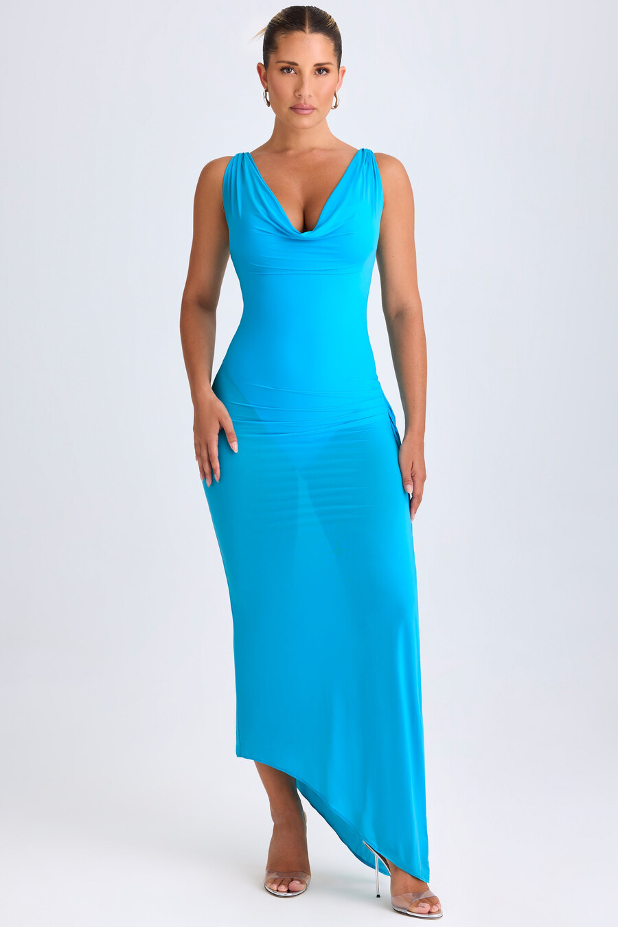 Φόρεμα midaxi με βολάν και λαιμόκοψη σε χρώμα aqua blue
