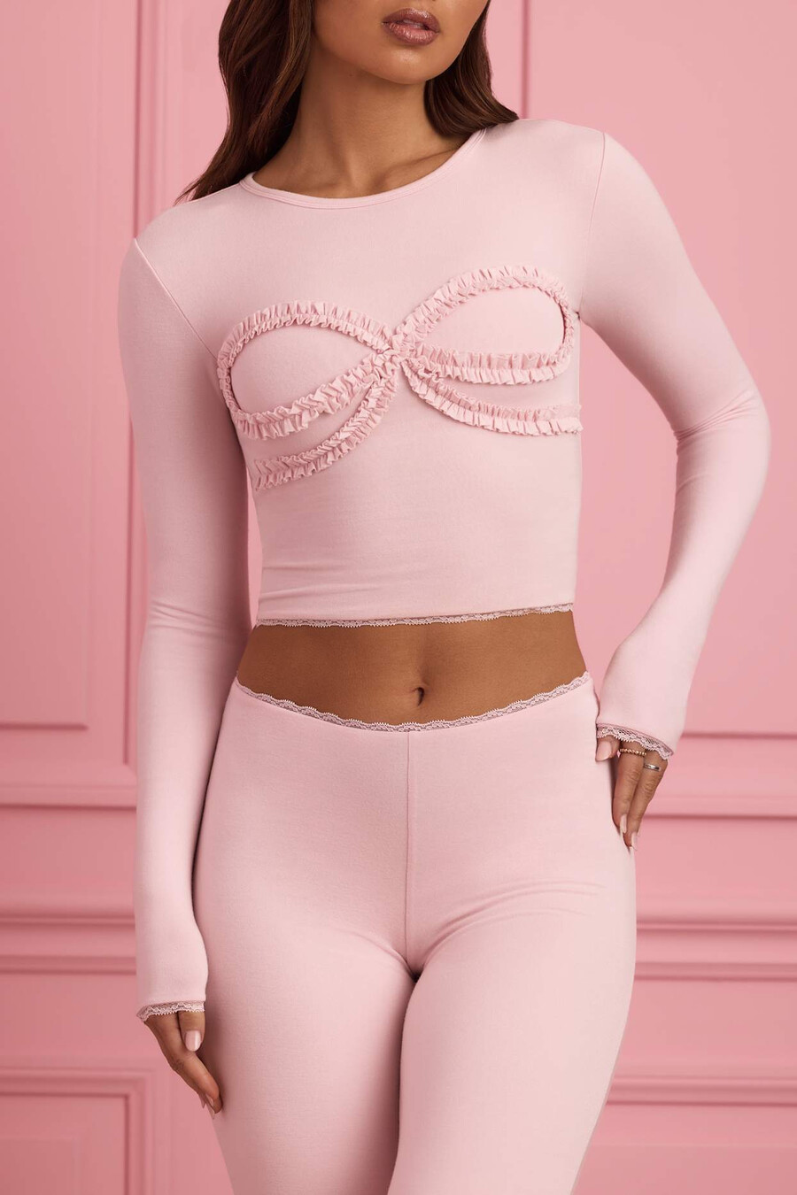 Πιτζάμα με απλικέ δαντέλα σε χρώμα baby pink