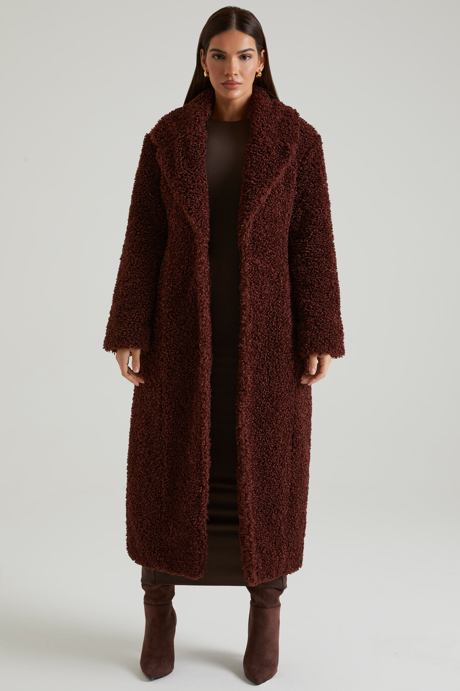 Μακρύ παλτό shearling σε καφέ χρώμα
