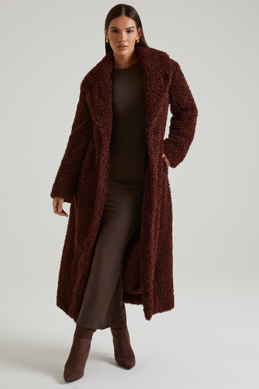 Μακρύ παλτό shearling σε καφέ χρώμα