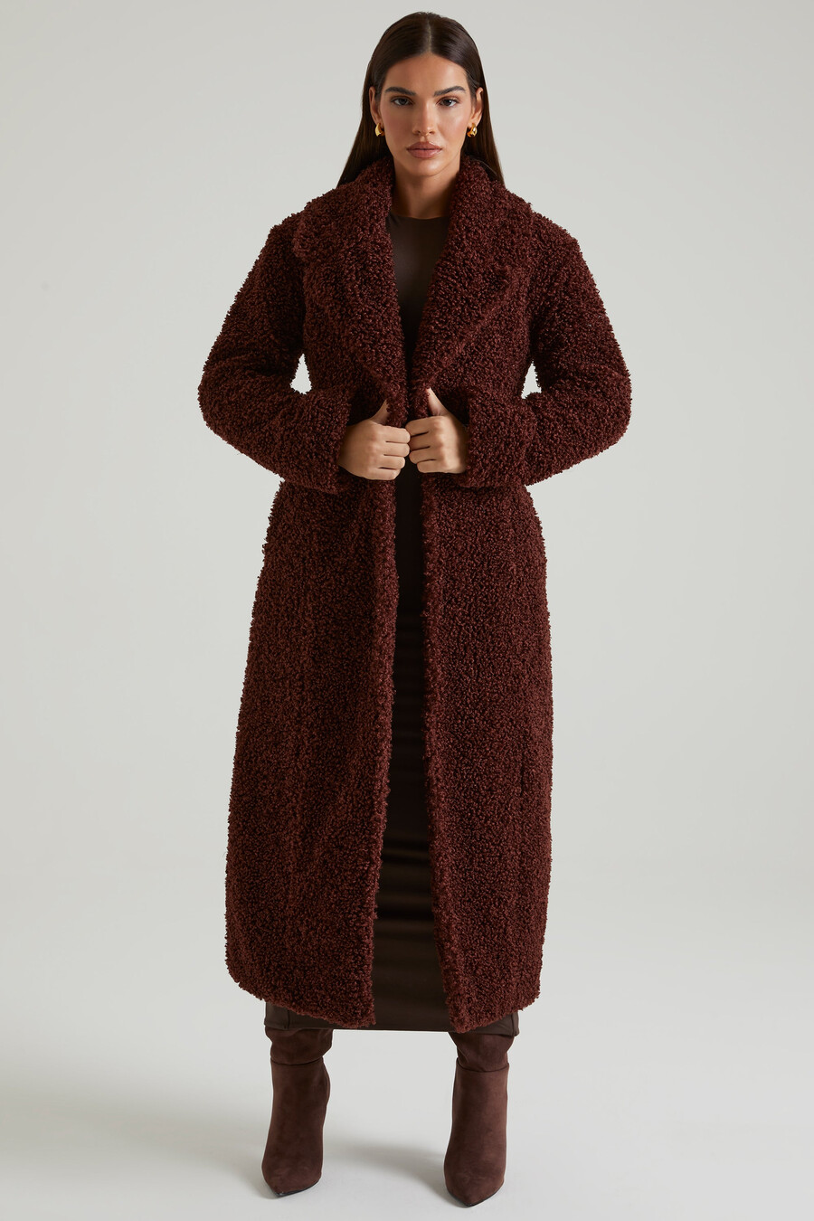 Μακρύ παλτό shearling σε καφέ χρώμα
