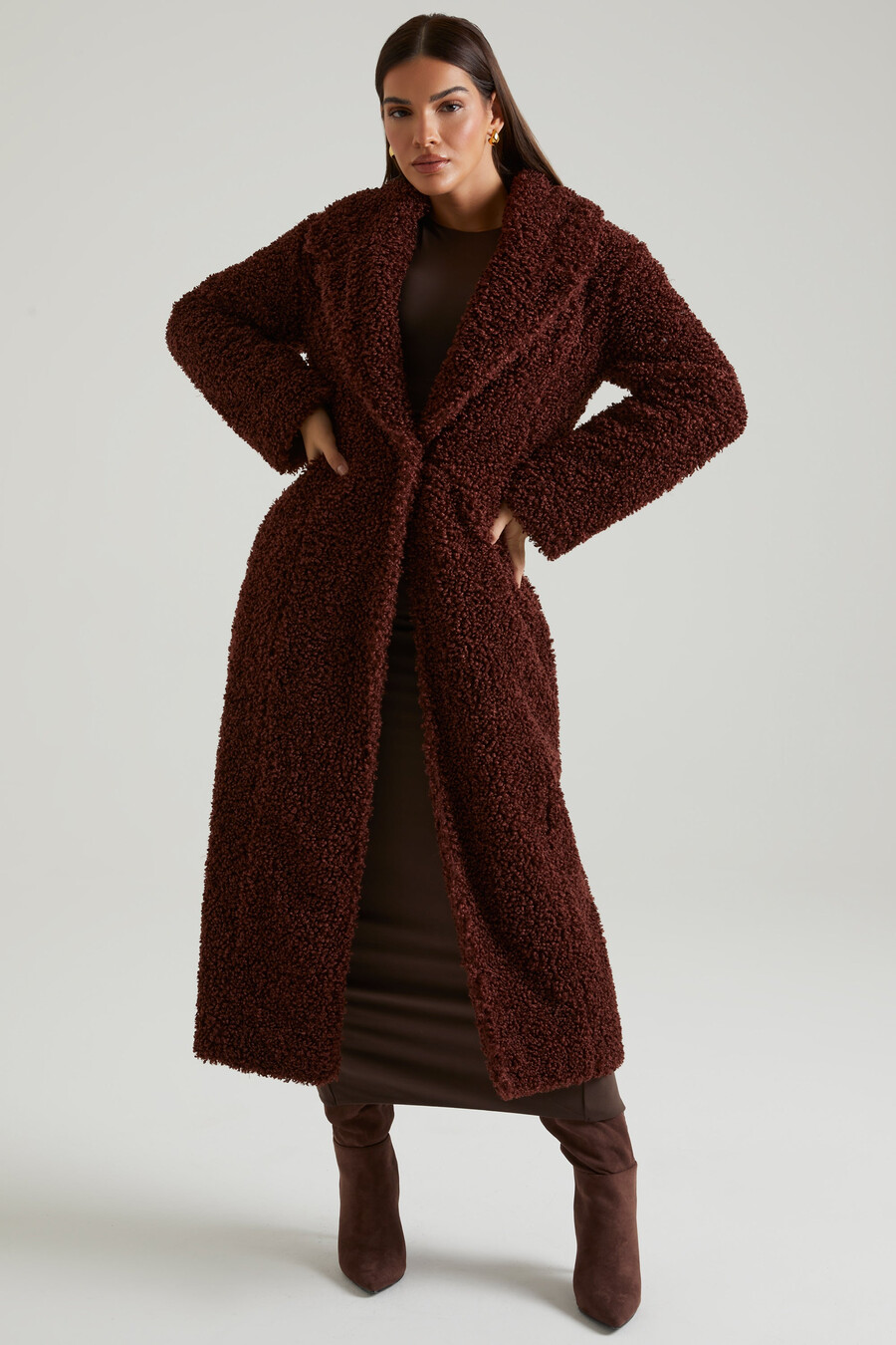 Μακρύ παλτό shearling σε καφέ χρώμα