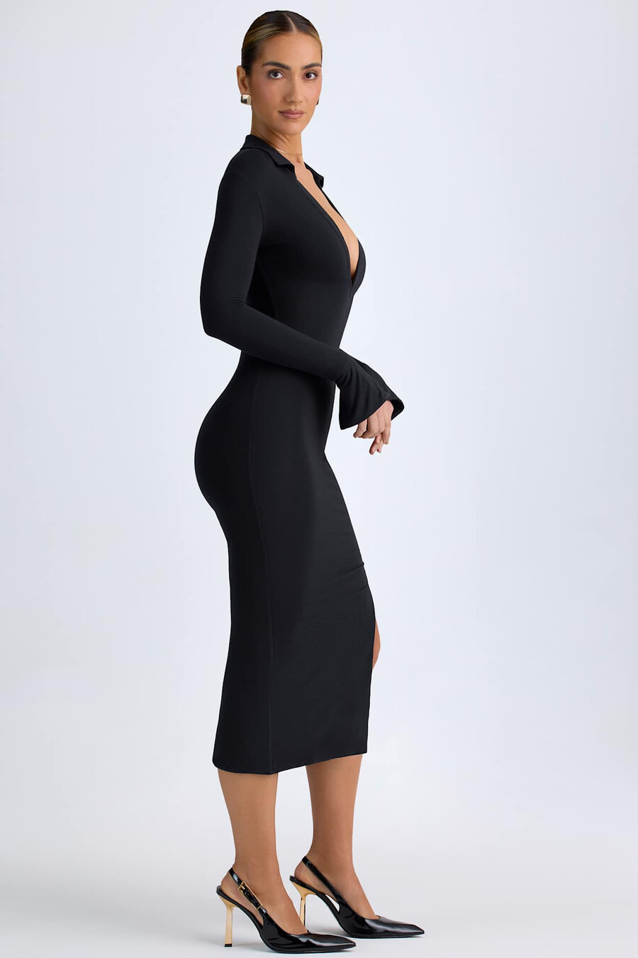 Φόρεμα midaxi με v-neck από modal σε Μαύρο χρώμα