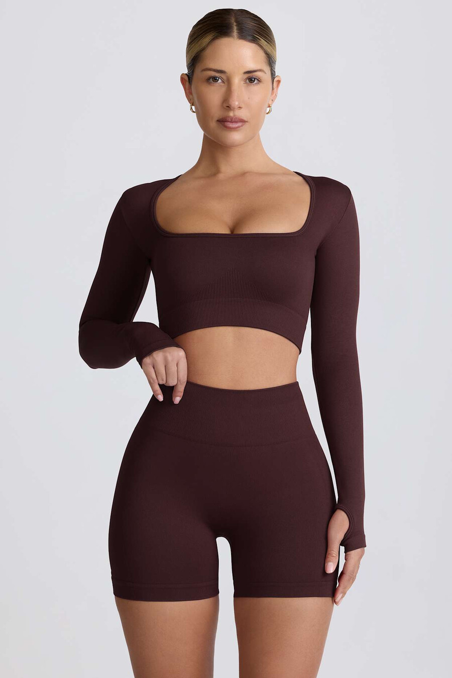 super sculpt Μακρυμάνικο crop top χωρίς ραφές σε Σοκολά χρώμα