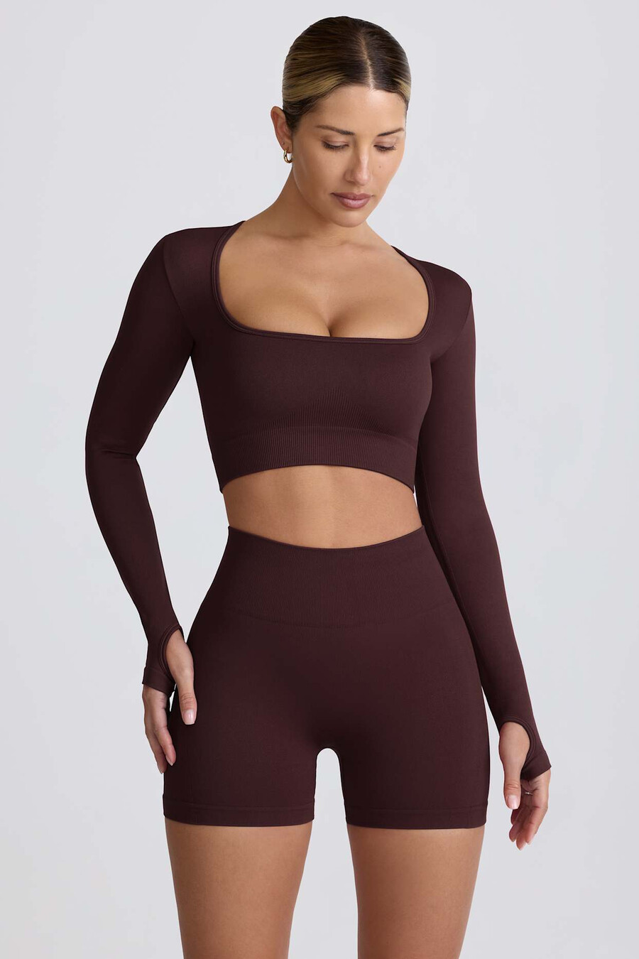 super sculpt Μακρυμάνικο crop top χωρίς ραφές σε Σοκολά χρώμα