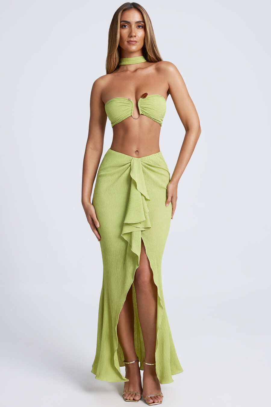 crop top με Λεπτομέρειες για το Υλικό και την Πλεκτή Πλέξη σε Λαδί χρώμα