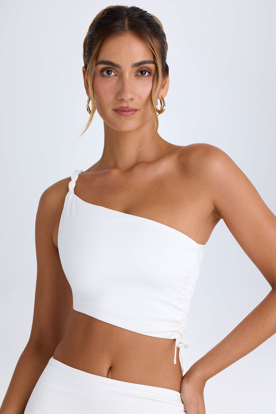 Ασύμμετρο crop top με Σούρες σε Λευκό Χρώμα